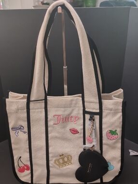 NWT, Juicy Couture Have A Juicy Day Canvas Tote Bag With Embroidery.